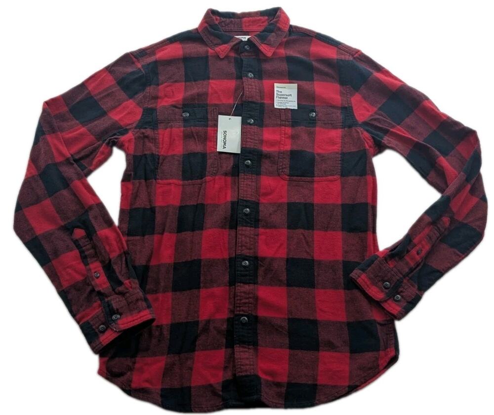Sonoma Mens Small Supersoft Flannel Plaid Button-Up Long Sleeve Collared Shirt
